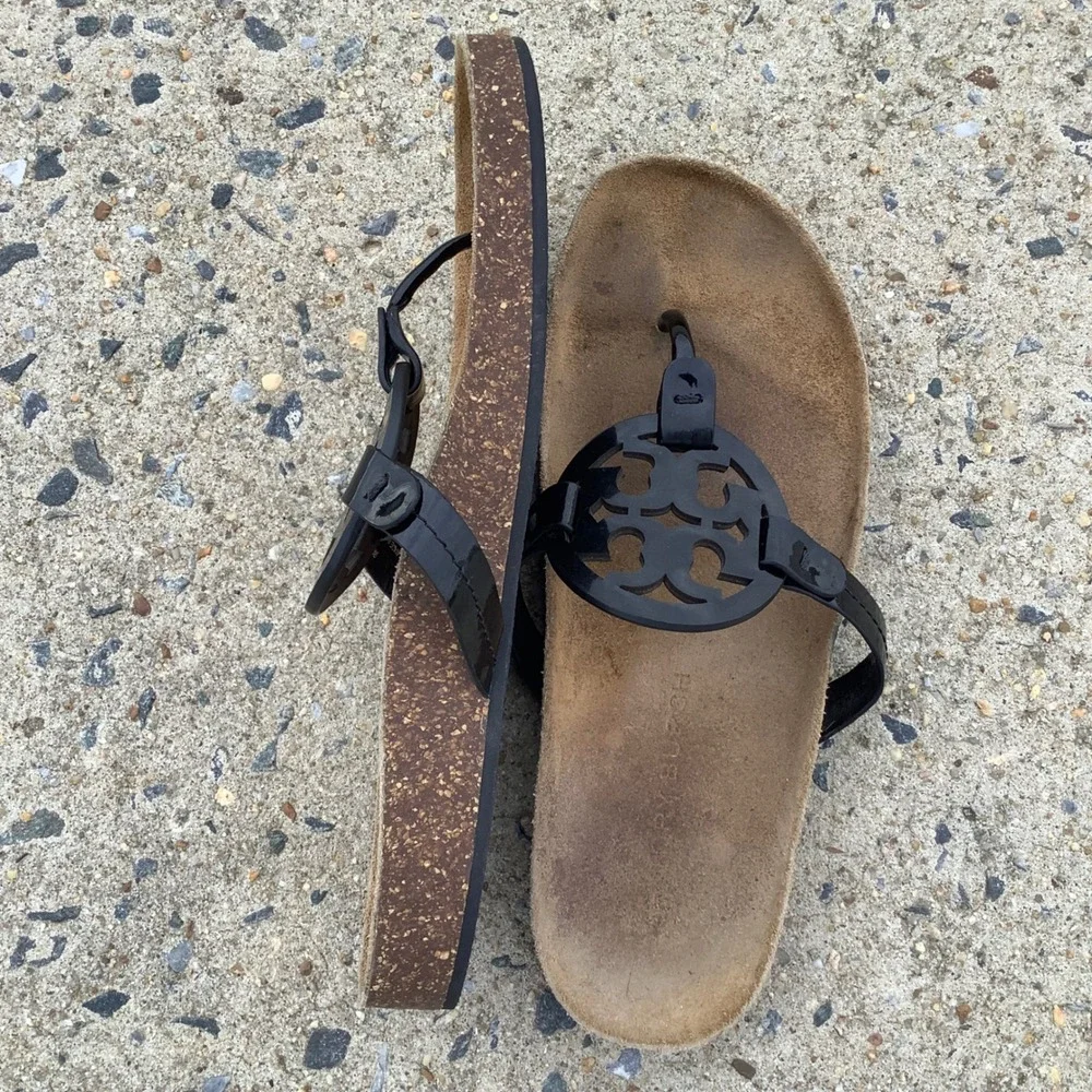 Tory Burch Miller Cloud Black Patent Leather Cork Footbed Thong Sandals Women 9M